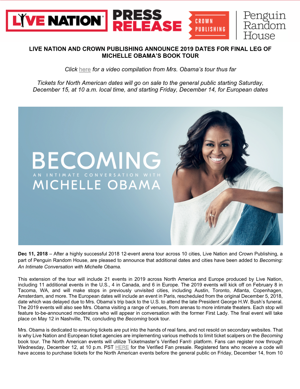 Live Nation and Crown Publishing Announce 2019 Dates for Final Leg of Michelle Obama’S Book Tour