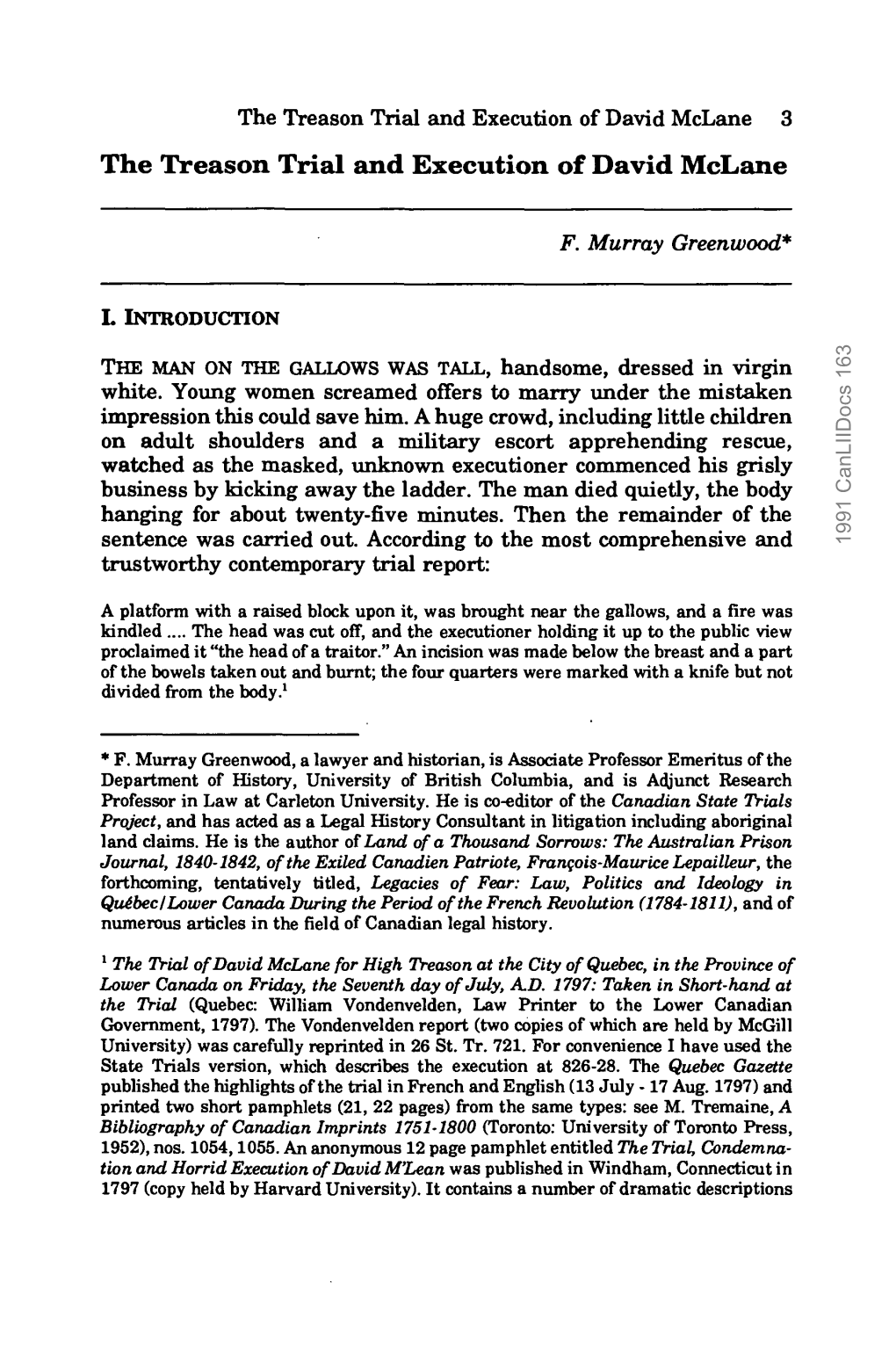 The Treason Trial and Execution of David Mclane 3 the Treason Trial and Execution of David Mclane