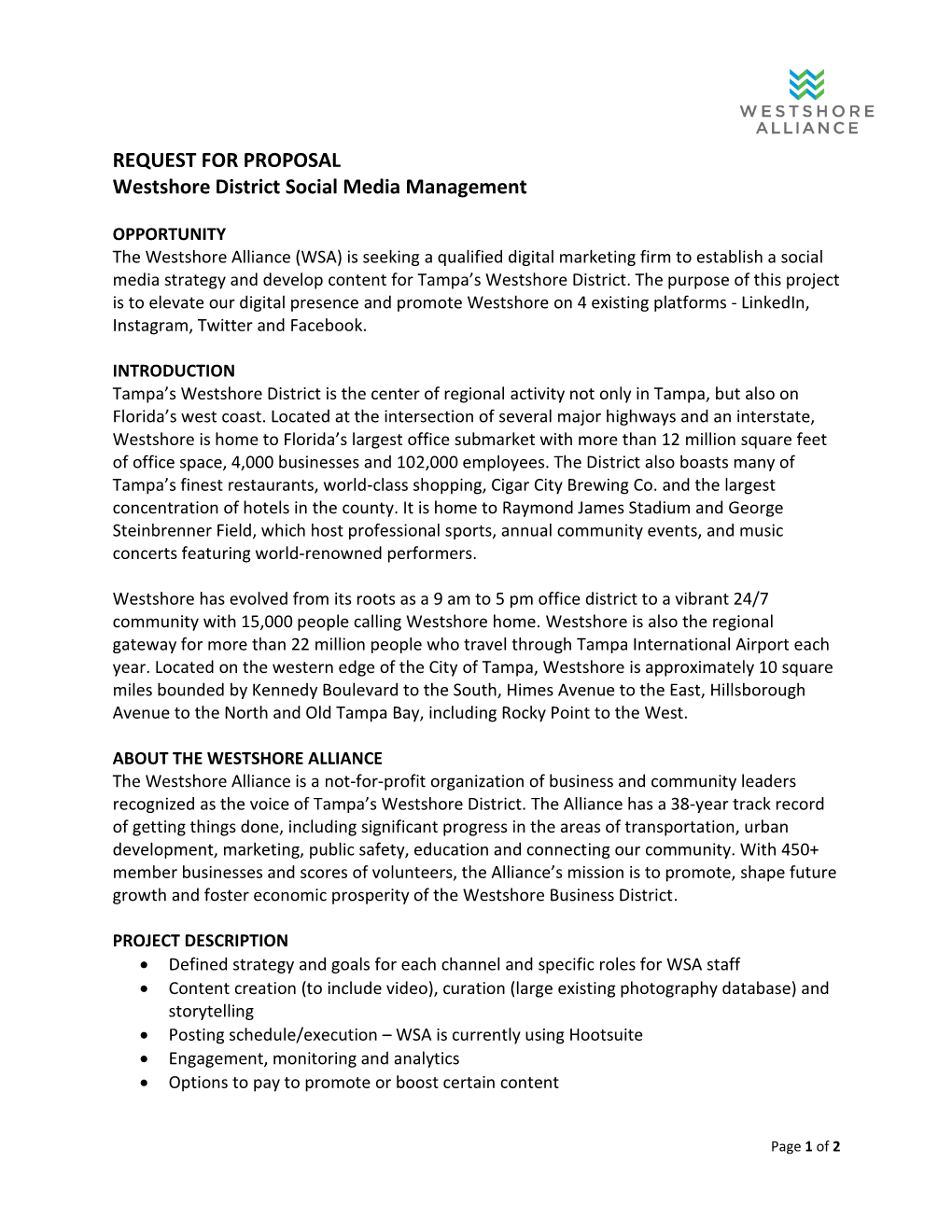 REQUEST for PROPOSAL Westshore District Social Media Management