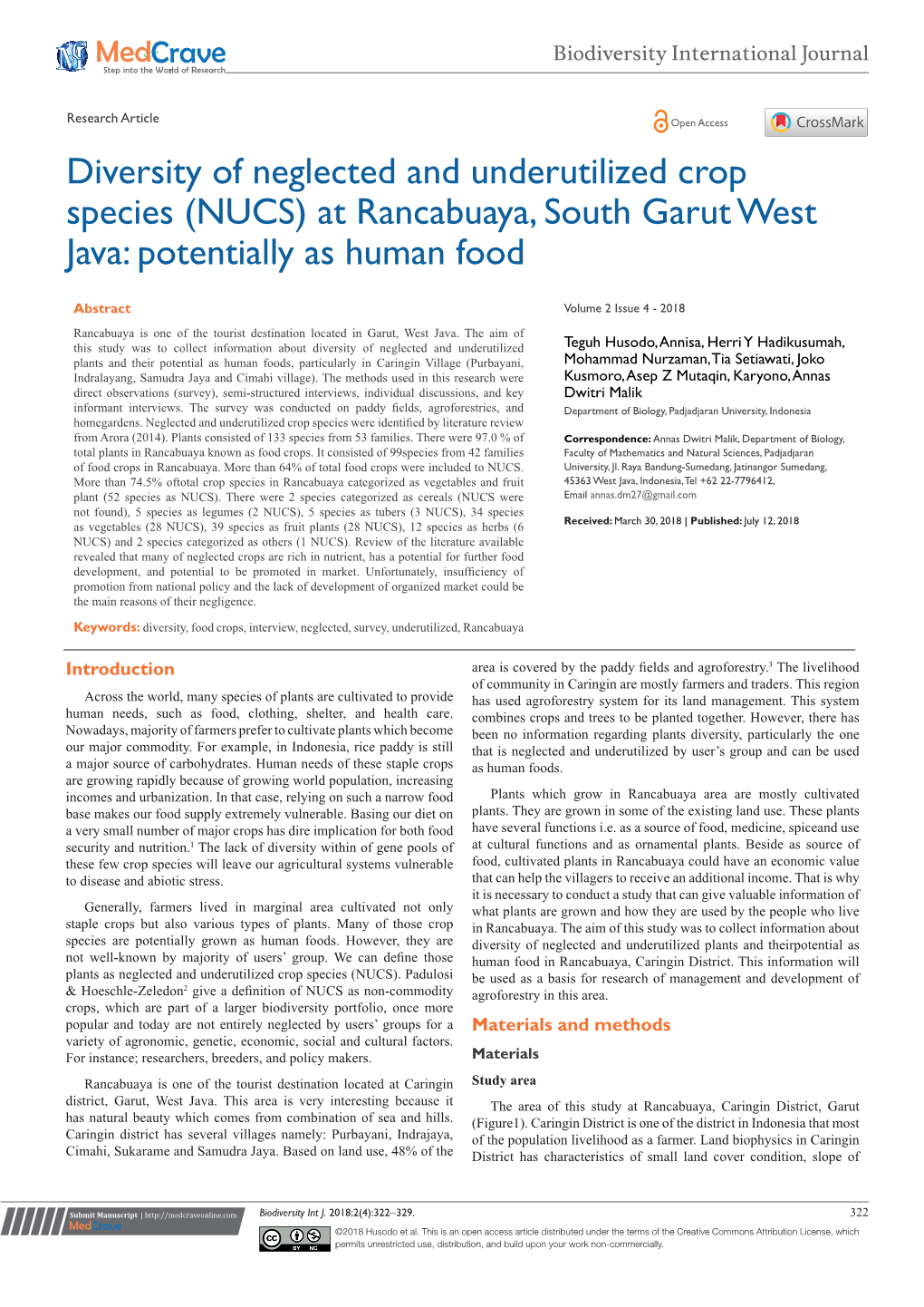 Diversity of Neglected and Underutilized Crop Species (NUCS) at Rancabuaya, South Garut West Java: Potentially As Human Food