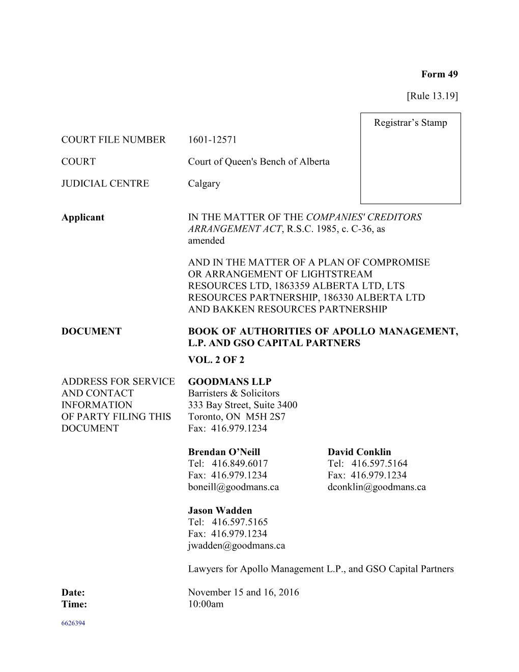 COURT FILE NUMBER 1601-12571 COURT Court of Queen's Bench Of