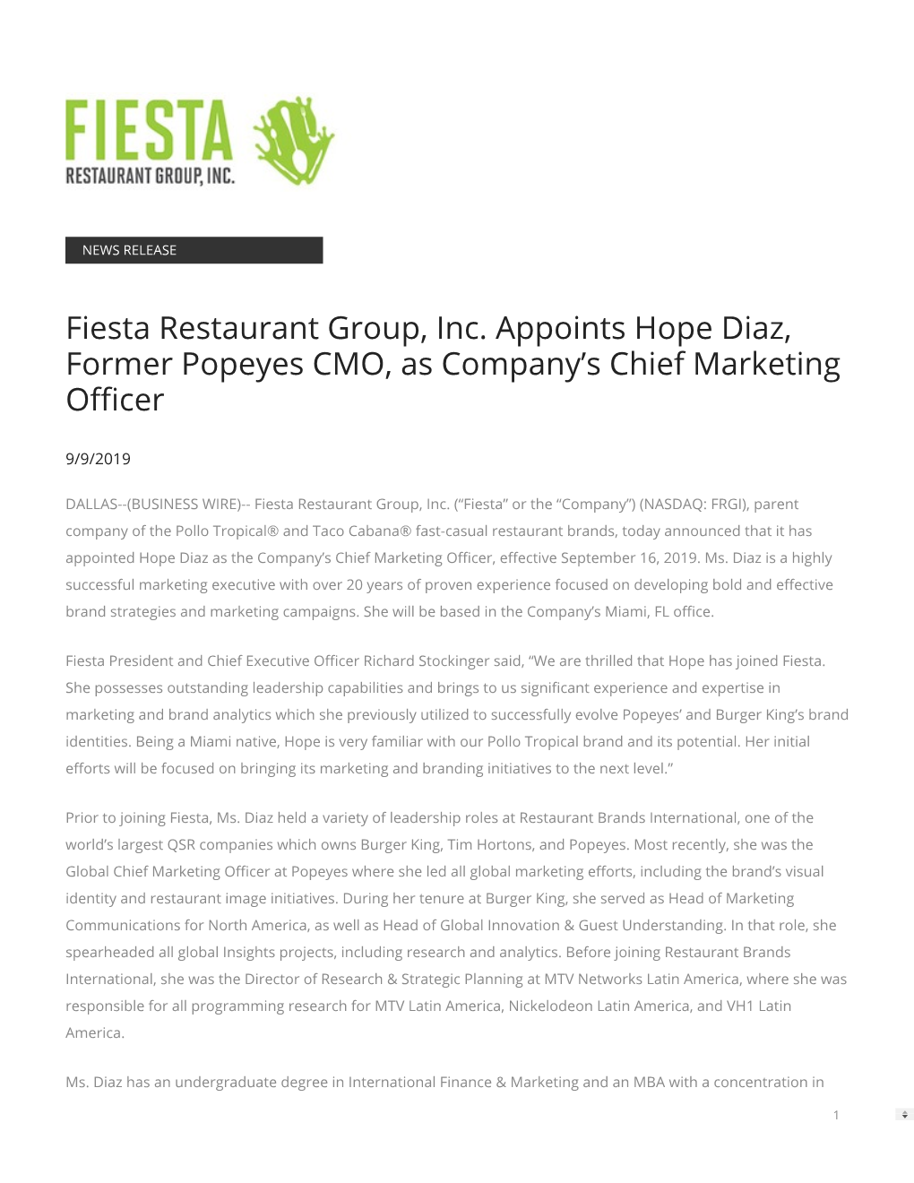 Fiesta Restaurant Group, Inc. Appoints Hope Diaz, Former Popeyes CMO, As Company’S Chief Marketing O�Cer