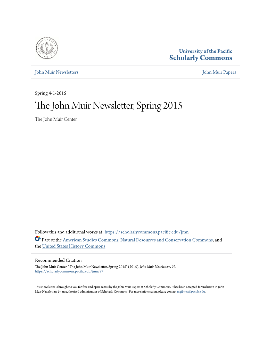 The John Muir Newsletter, Spring 2015