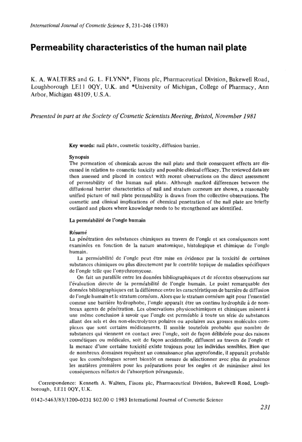 Permeability Characteristics of the Human Nail Plate