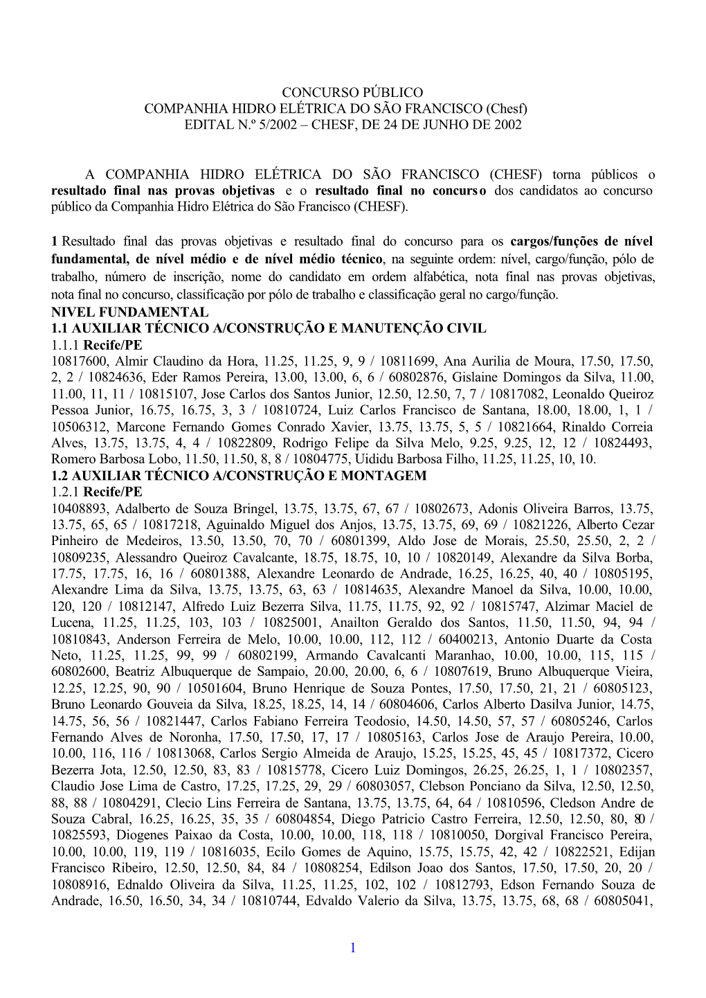 Chesf) EDITAL N.º 5/2002 – CHESF, DE 24 DE JUNHO DE 2002