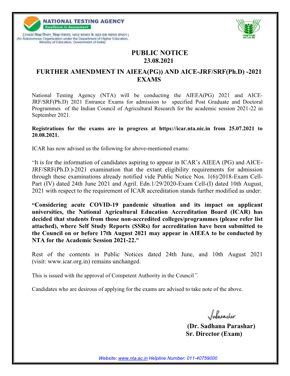 PUBLIC NOTICE 23.08.2021 FURTHER AMENDMENT in AIEEA(PG)) and AICE-JRF/SRF(Ph.D) -2021 EXAMS