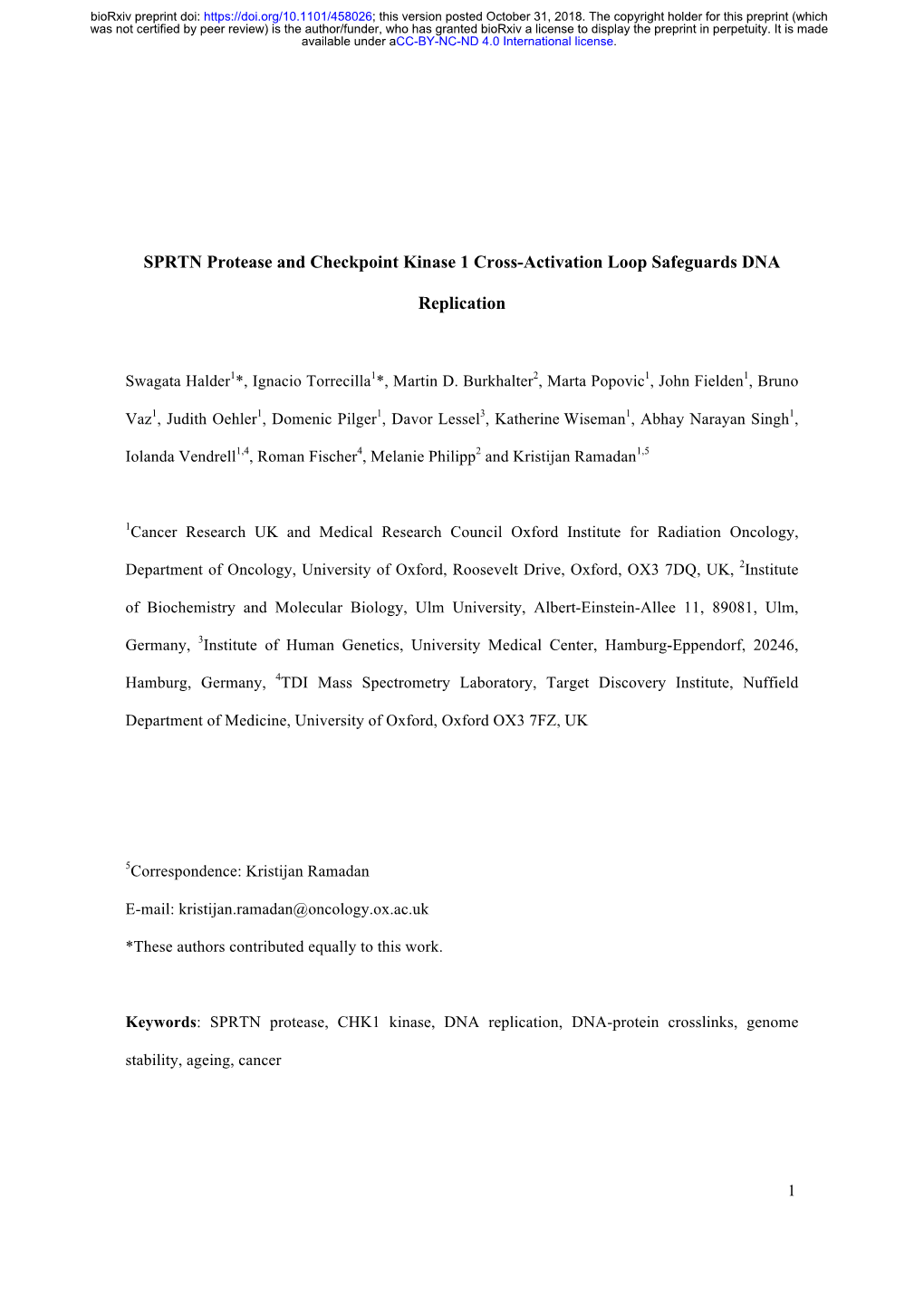 SPRTN Protease and Checkpoint Kinase 1 Cross-Activation Loop Safeguards DNA