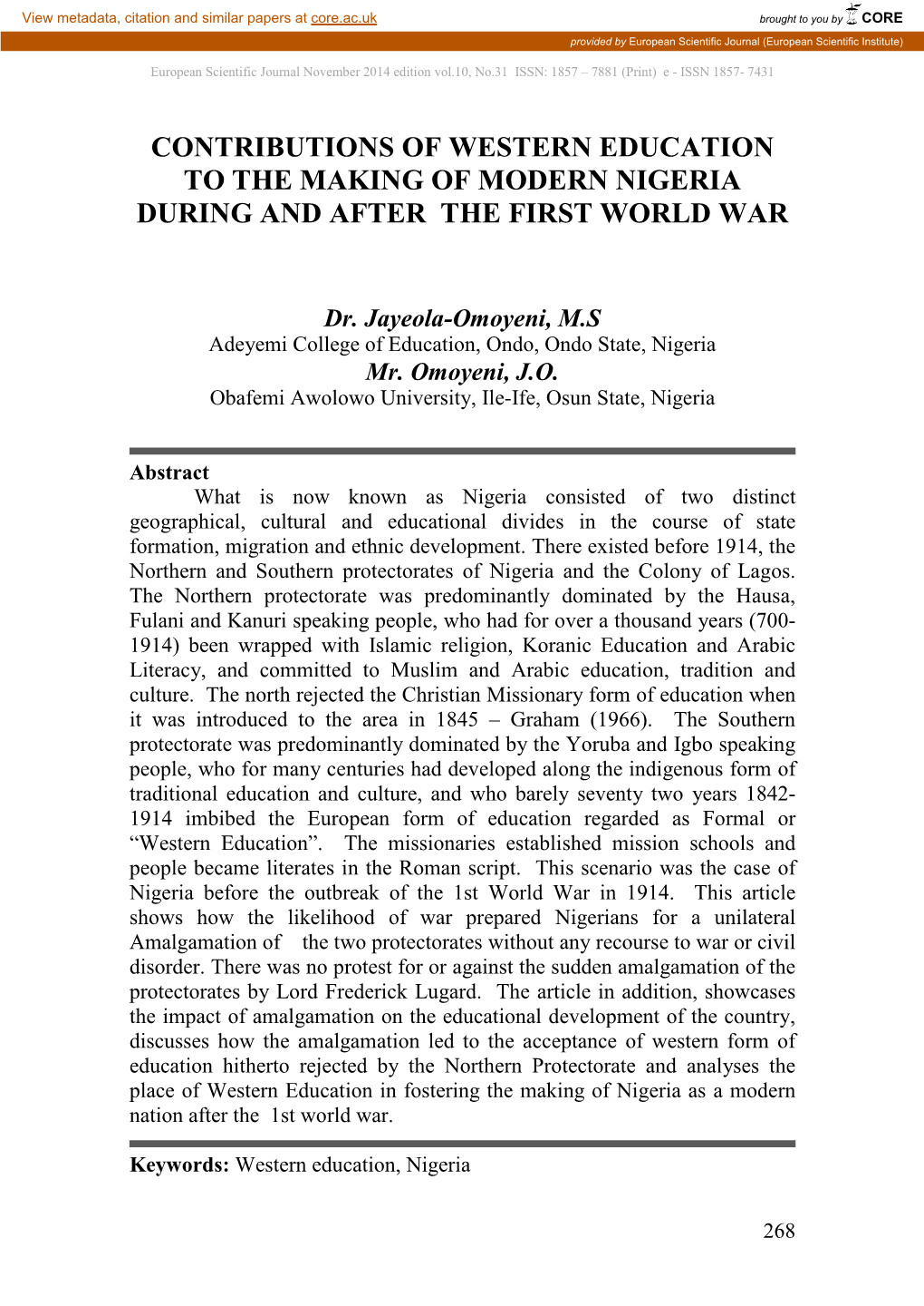 Contributions of Western Education to the Making of Modern Nigeria During and After the First World War
