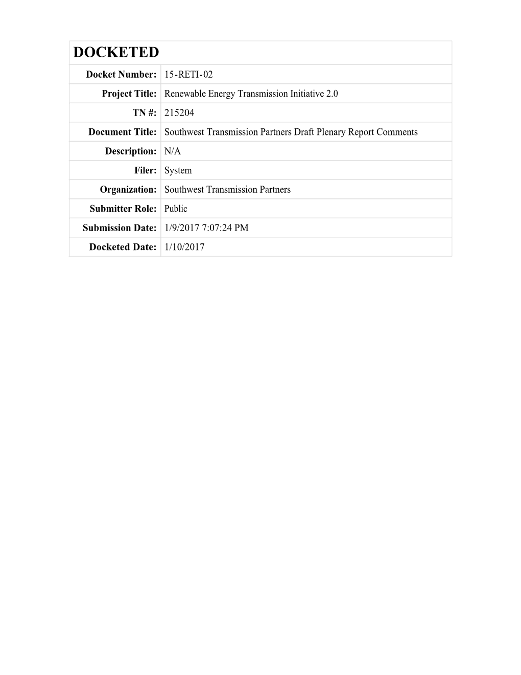 Southwest Transmission Partners Draft Plenary Report