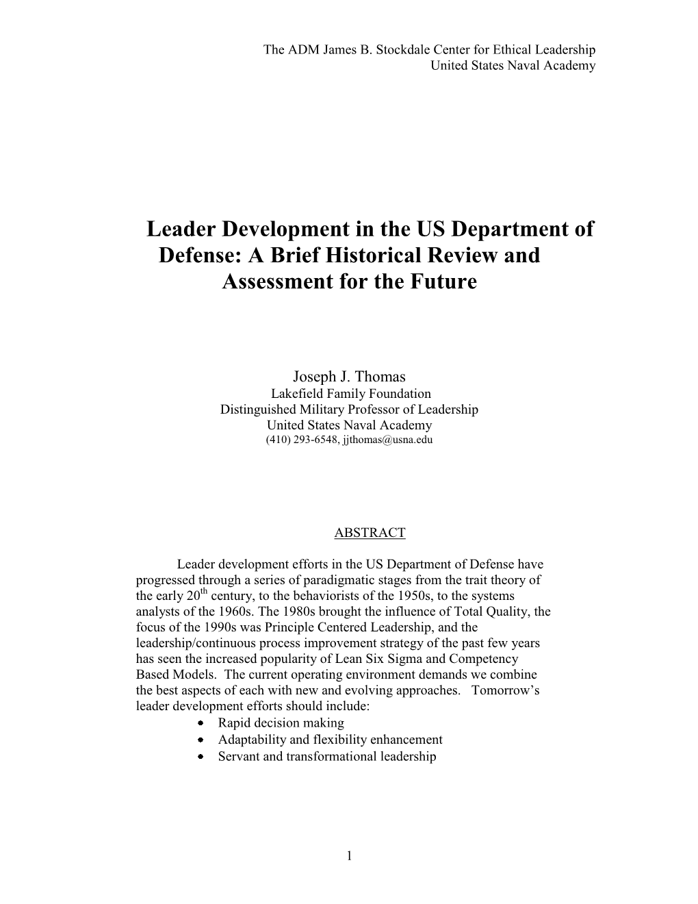 Leader Development in the US Department of Defense: a Brief Historical Review and Assessment for the Future