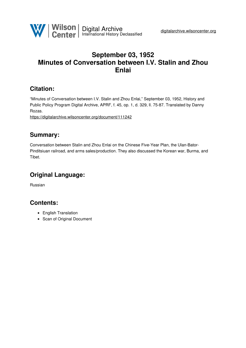 September 03, 1952 Minutes of Conversation Between I.V. Stalin and Zhou Enlai