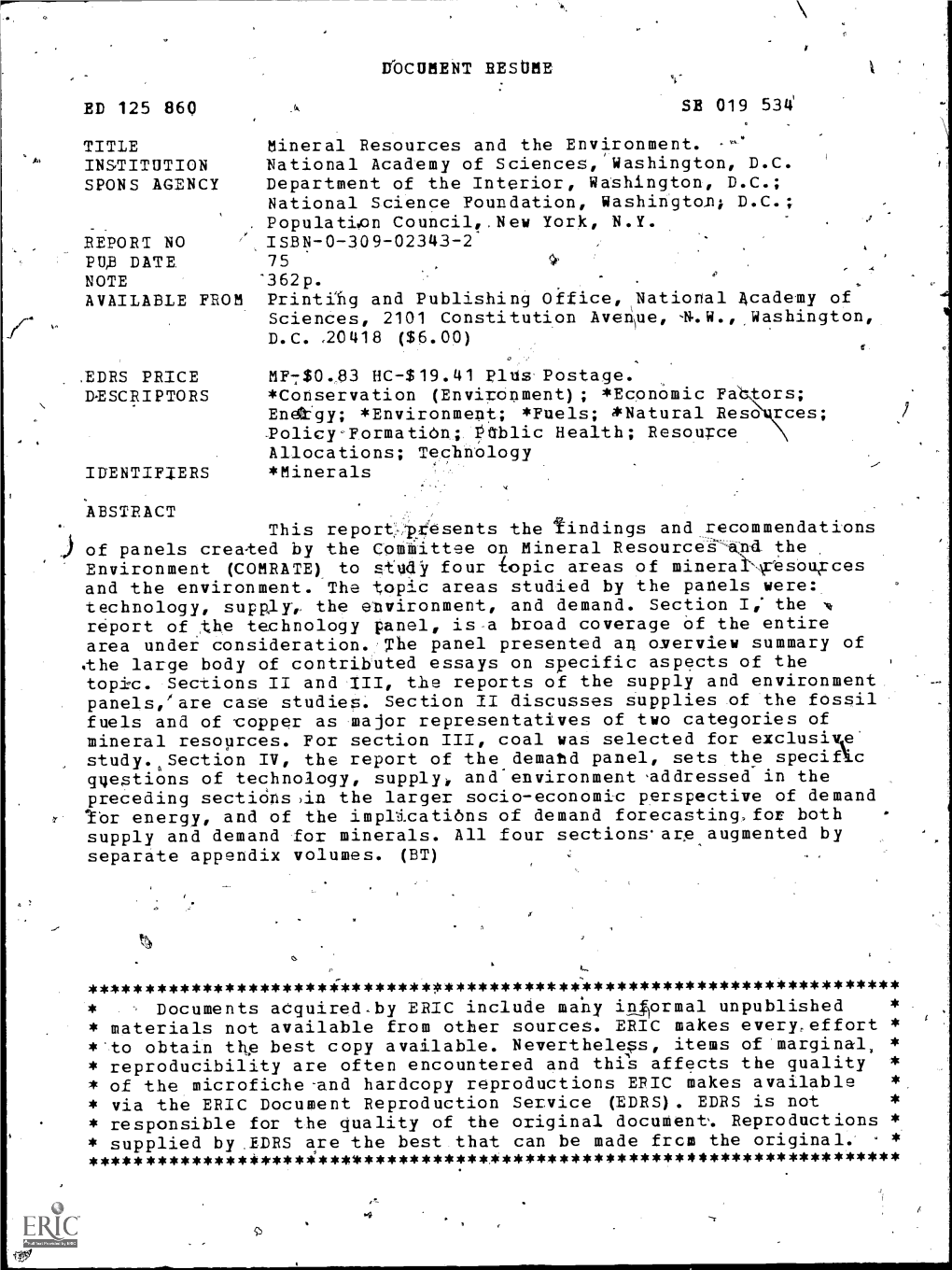 Mineral Resources and the Environment. - INSTITUTION National Academy of Sciences, Washington, D.C