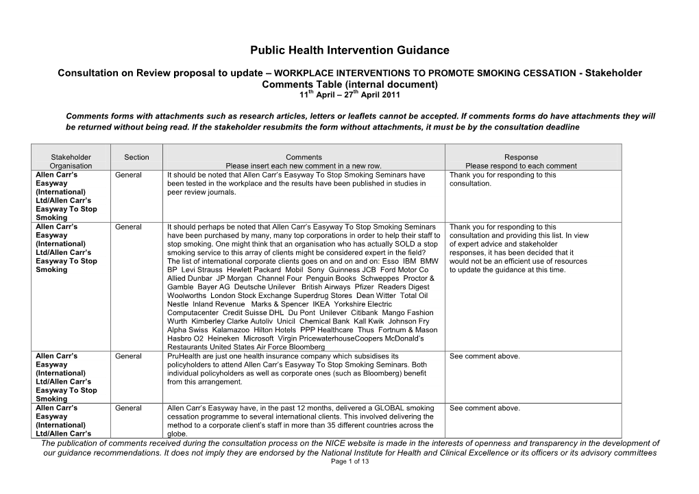 Public Health Intervention Guidance