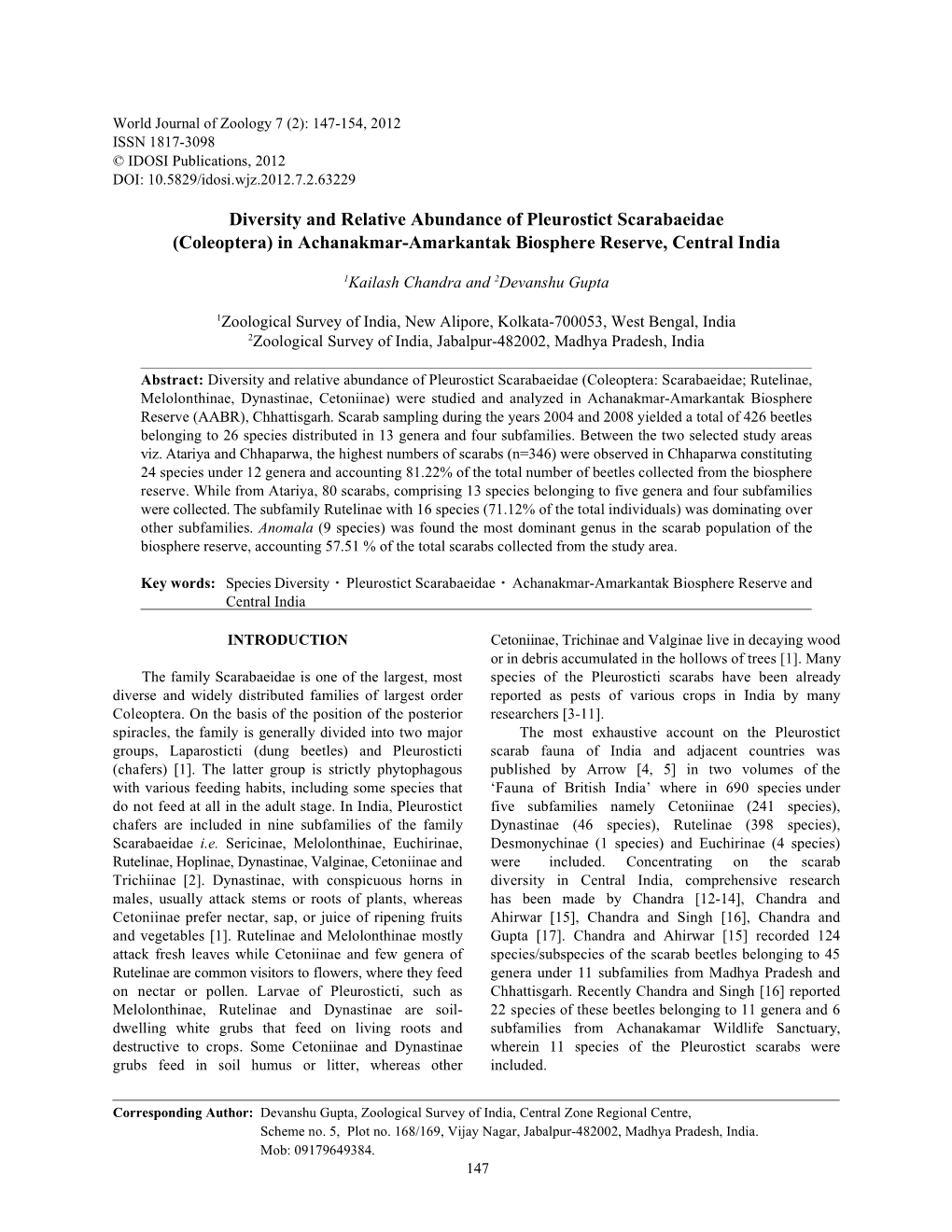 Diversity and Relative Abundance of Pleurostict Scarabaeidae (Coleoptera) in Achanakmar-Amarkantak Biosphere Reserve, Central India