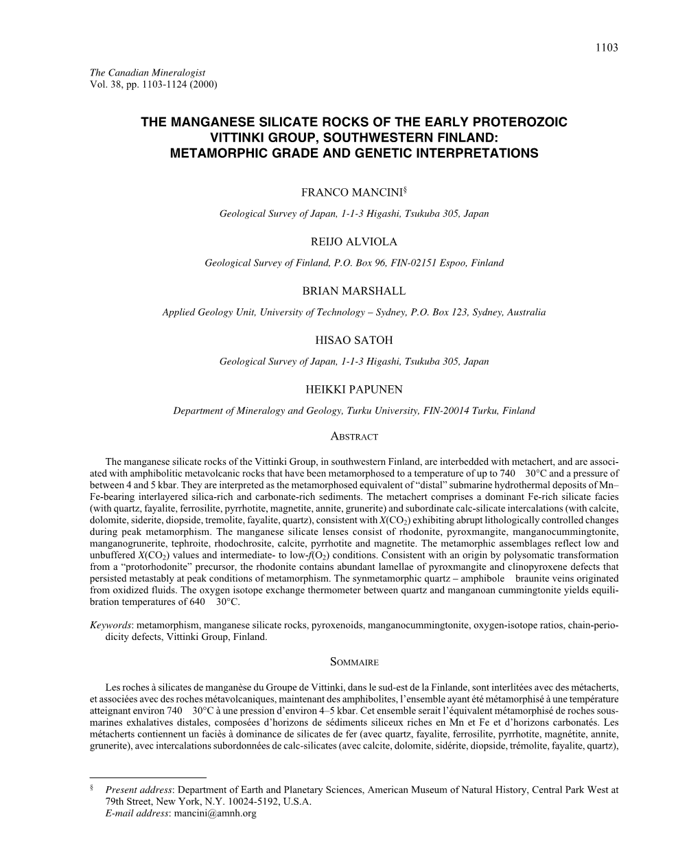 The Manganese Silicate Rocks of the Early Proterozoic Vittinki Group, Southwestern Finland: Metamorphic Grade and Genetic Interpretations