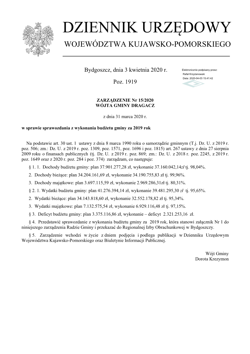 Zarządzenie Nr 15/2020 Z Dnia 31 Marca 2020 R