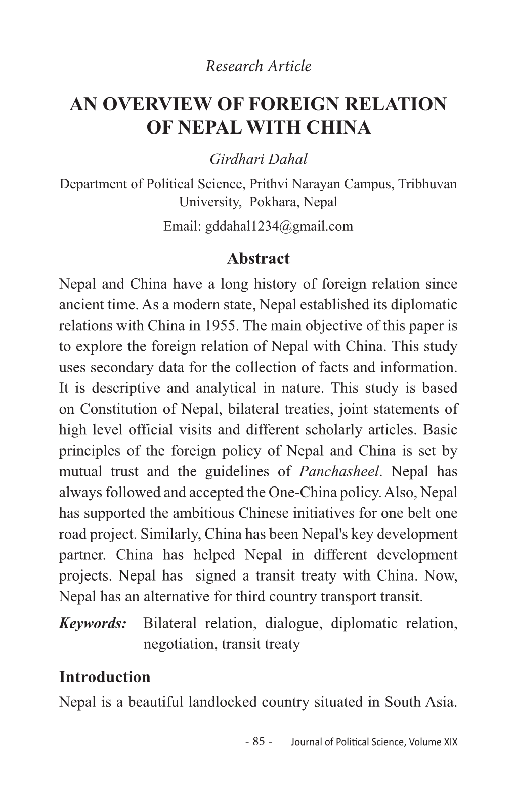 An Overview of Foreign Relation of Nepal with China