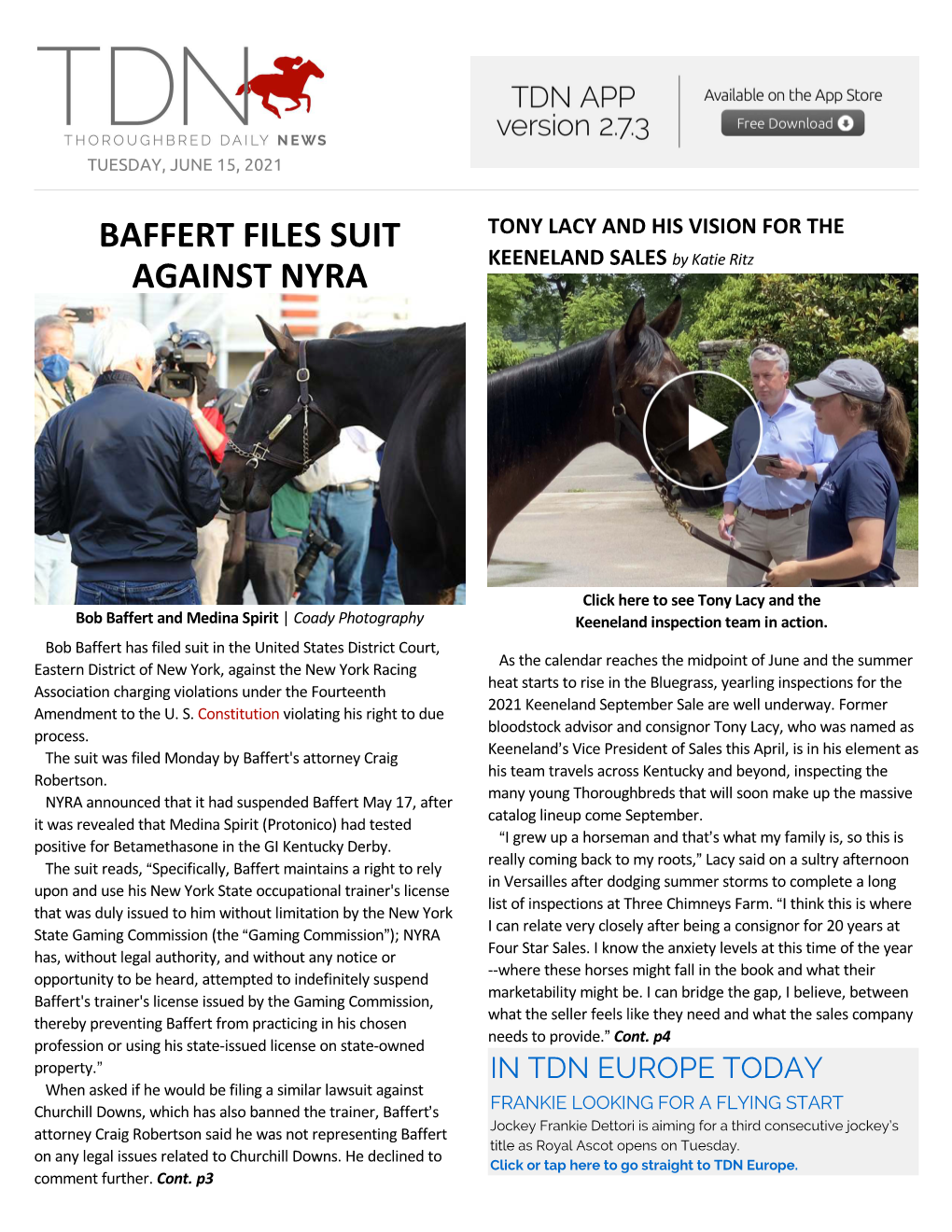 Baffert Files Suit Against NYRA (Cont