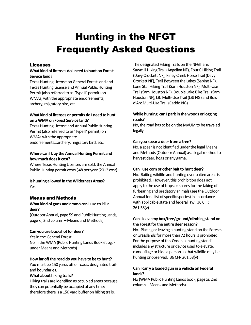 Hunting in the NFGT Frequently Asked Questions