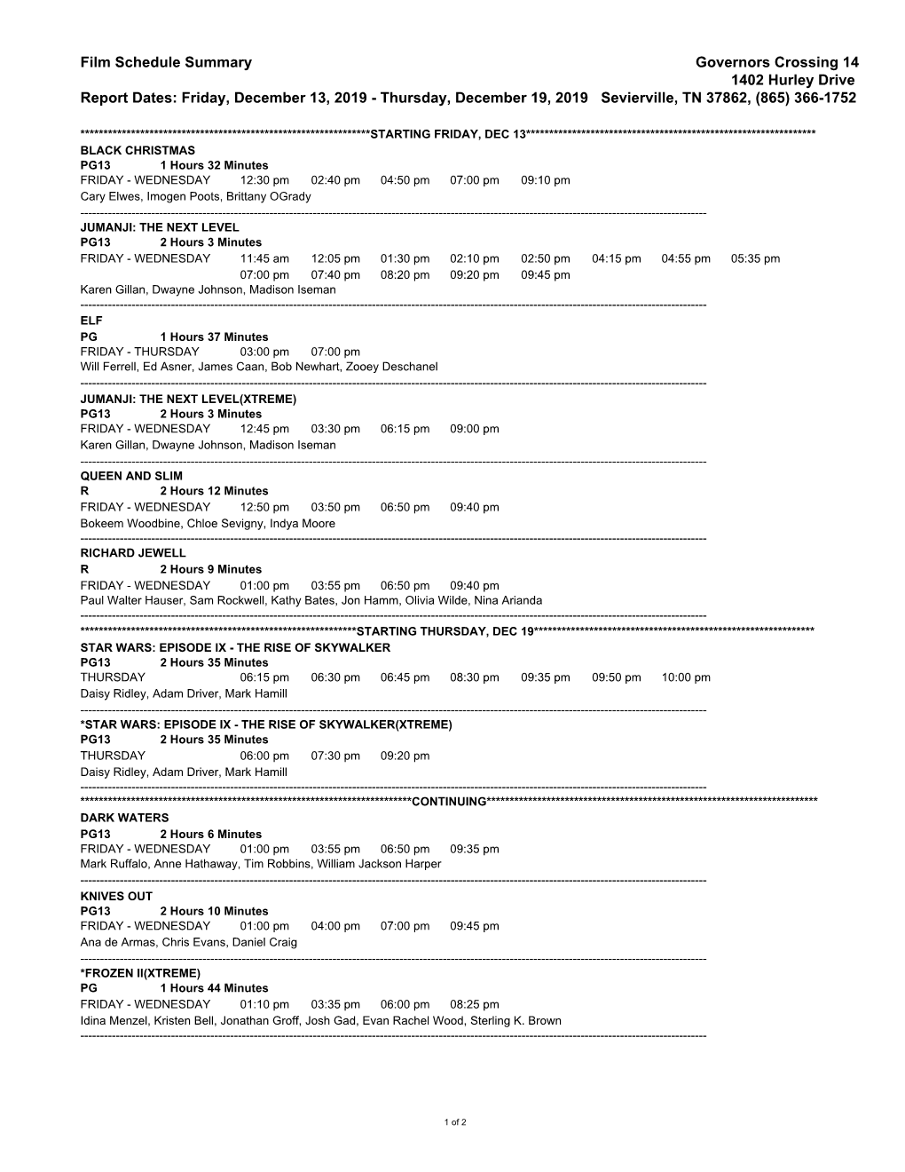 Film Schedule Summary Governors Crossing 14 1402 Hurley Drive