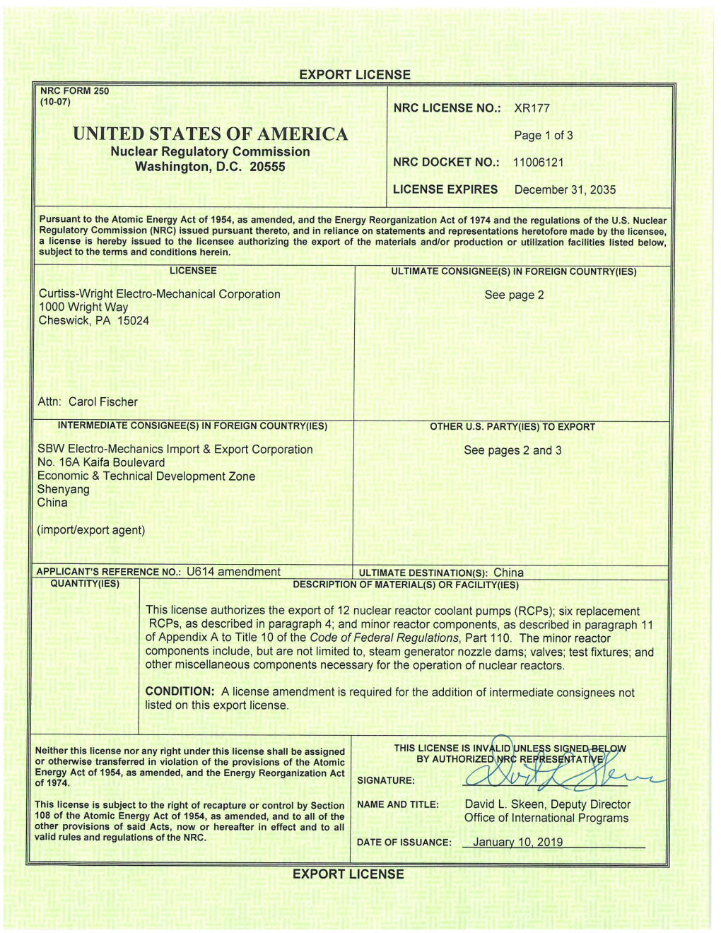 Export License Issued to Curtiss-Wright Electro-Mechanical Corp., XR177, Dated January 10, 2019