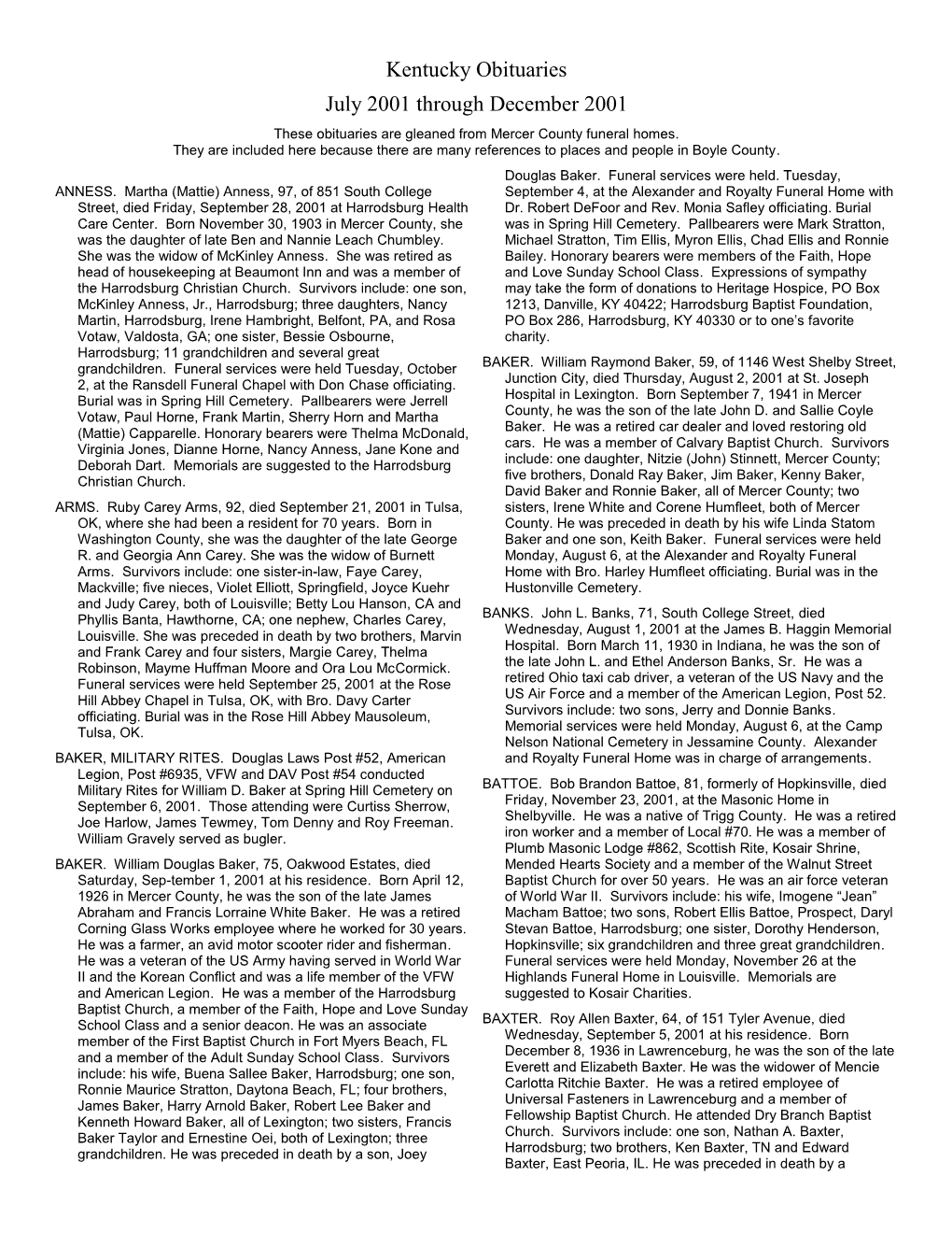 Kentucky Obituaries July 2001 Through December 2001 These Obituaries Are Gleaned from Mercer County Funeral Homes