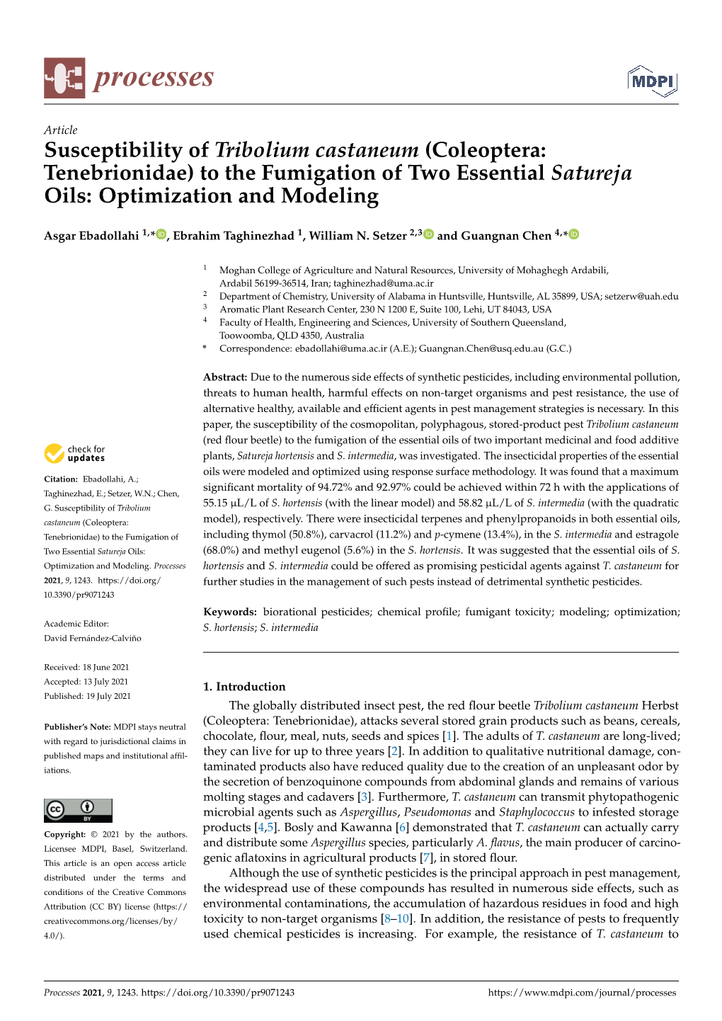 Susceptibility of Tribolium Castaneum (Coleoptera: Tenebrionidae) to the Fumigation of Two Essential Satureja Oils: Optimization and Modeling