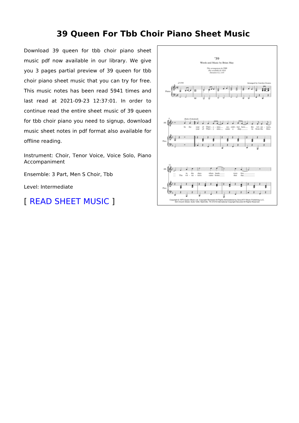 39 Queen for Tbb Choir Piano Sheet Music