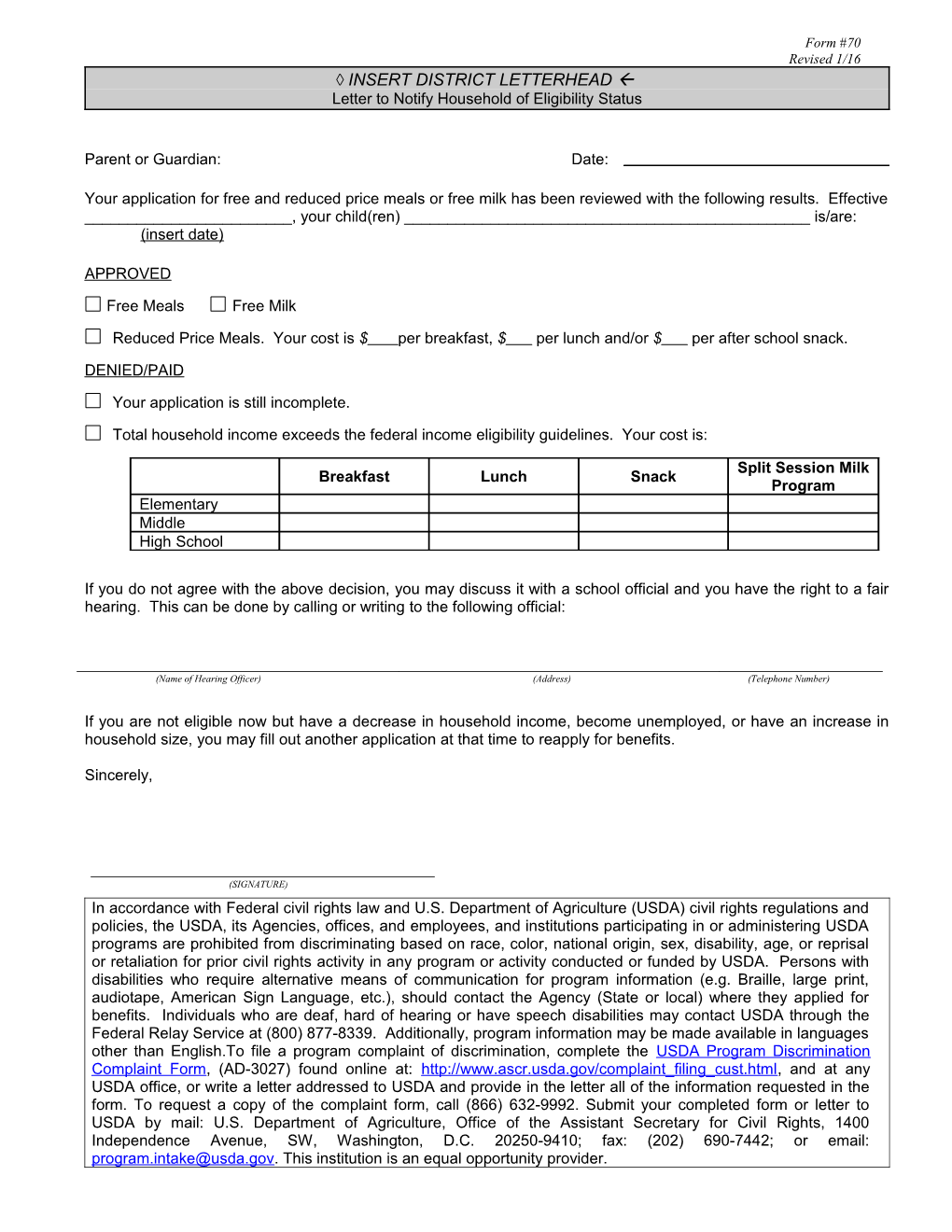 Letter to Notify Household of Eligibility Status