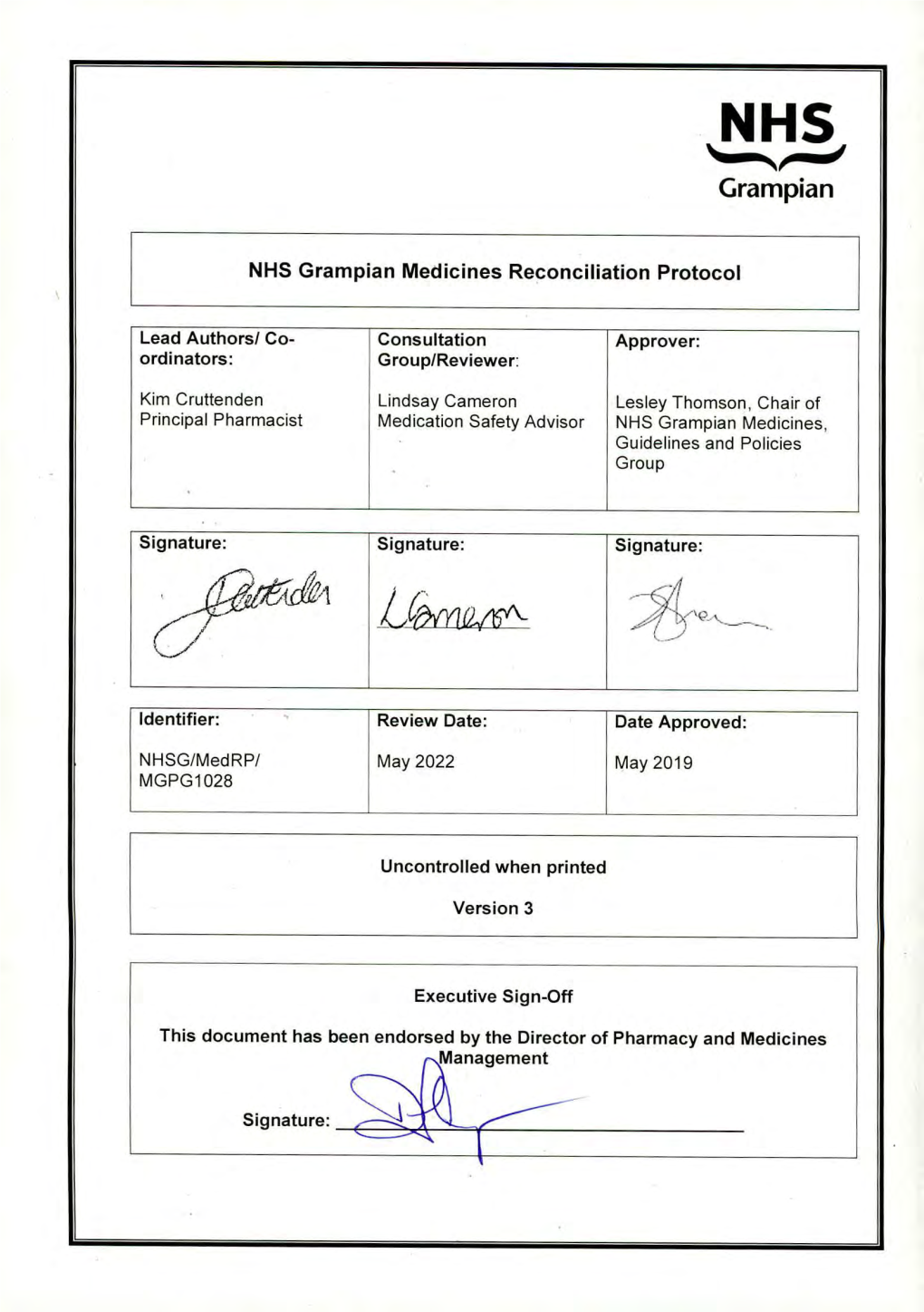 NHS Grampian Medicines Reconciliation Protocol