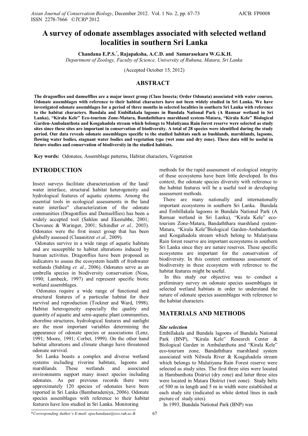 A Survey of Odonate Assemblages Associated with Selected Wetland Localities in Southern Sri Lanka