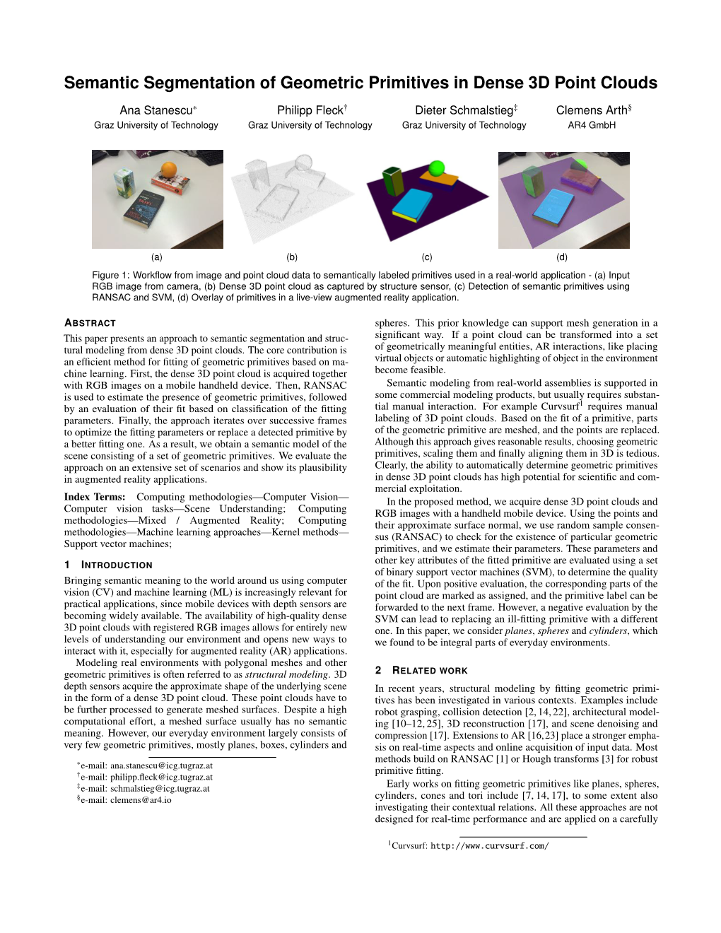 Semantic Segmentation of Geometric Primitives in Dense 3D Point Clouds