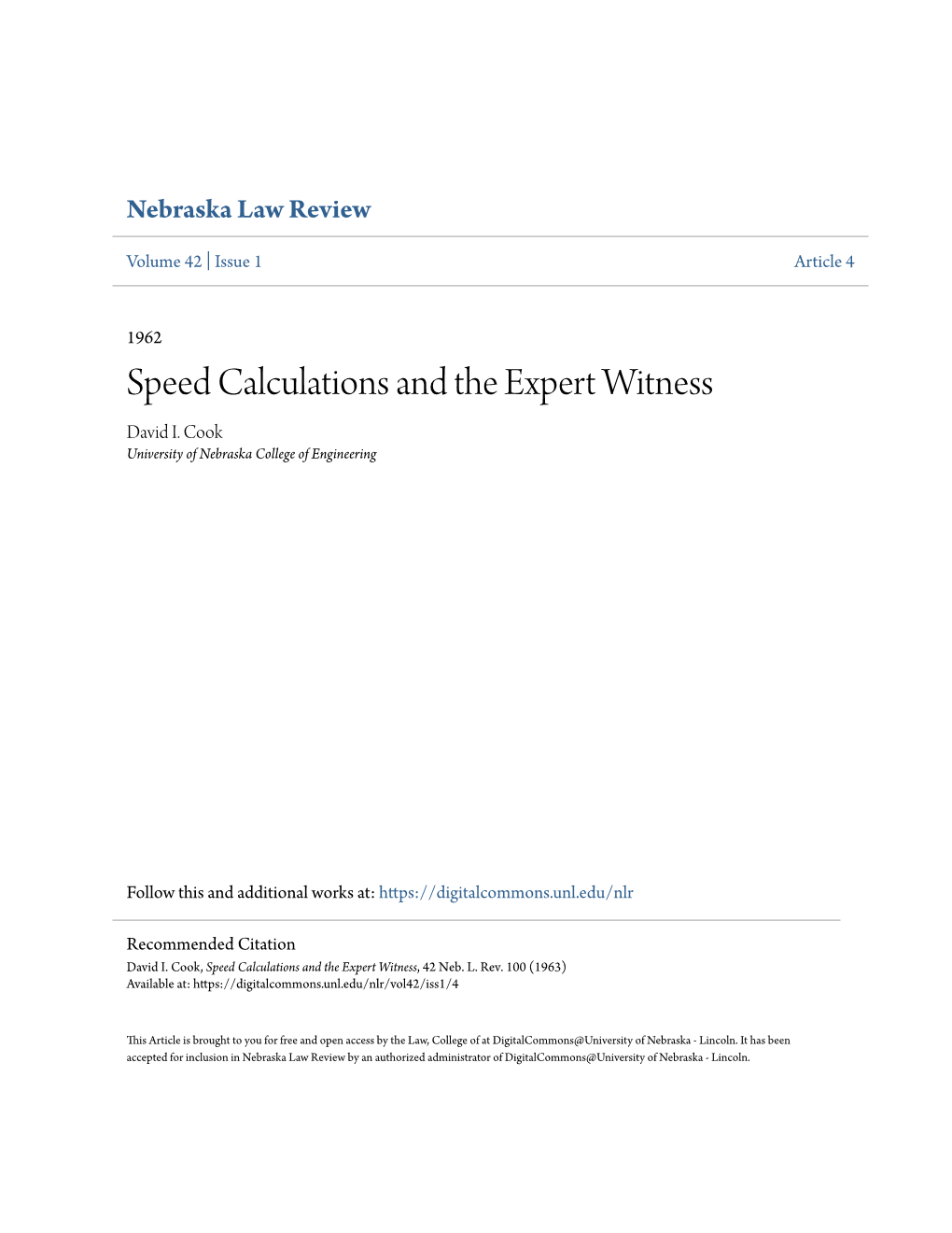 Speed Calculations and the Expert Witness David I