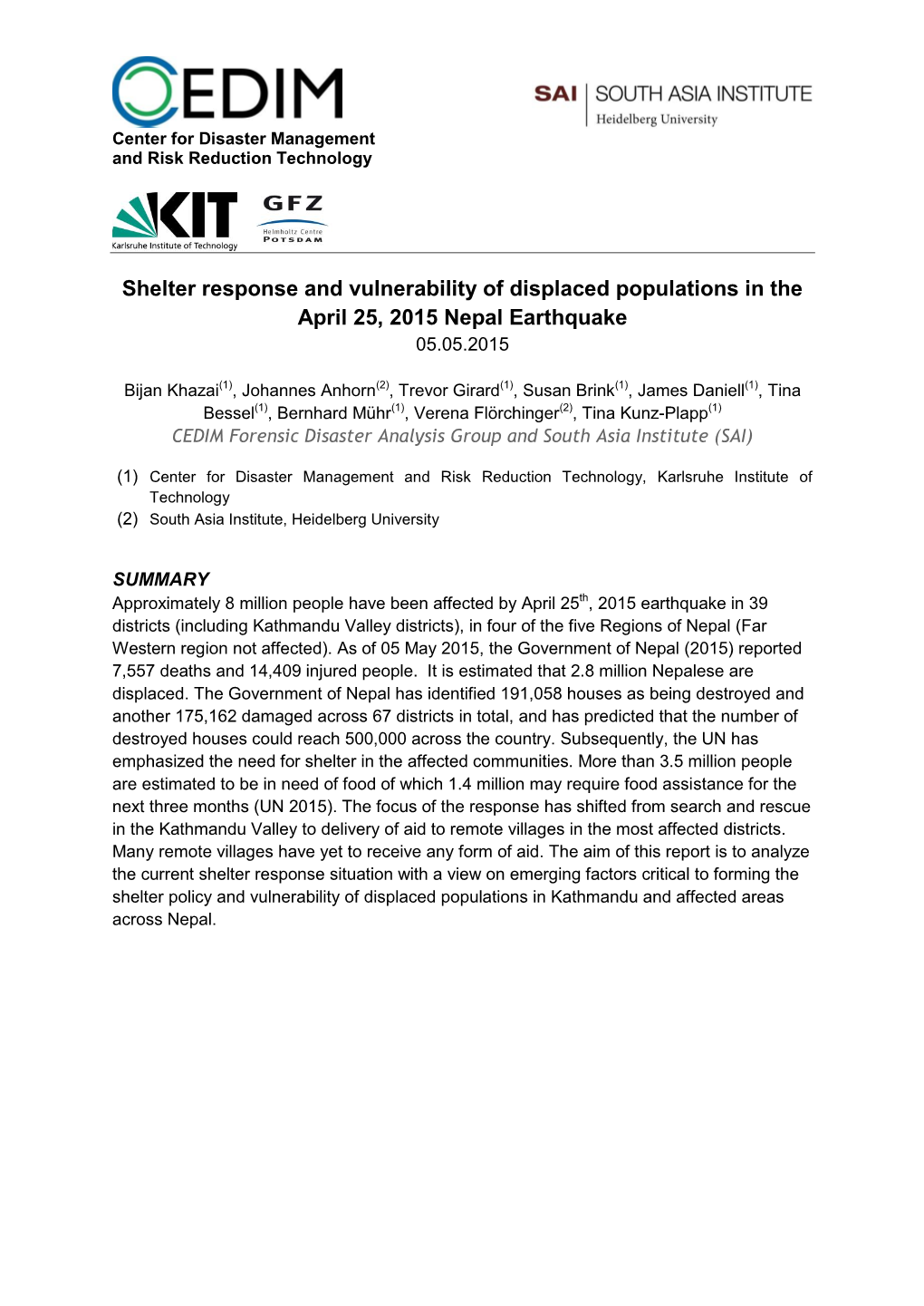 Shelter Response and Vulnerability of Displaced Populations in the April 25, 2015 Nepal Earthquake 05.05.2015