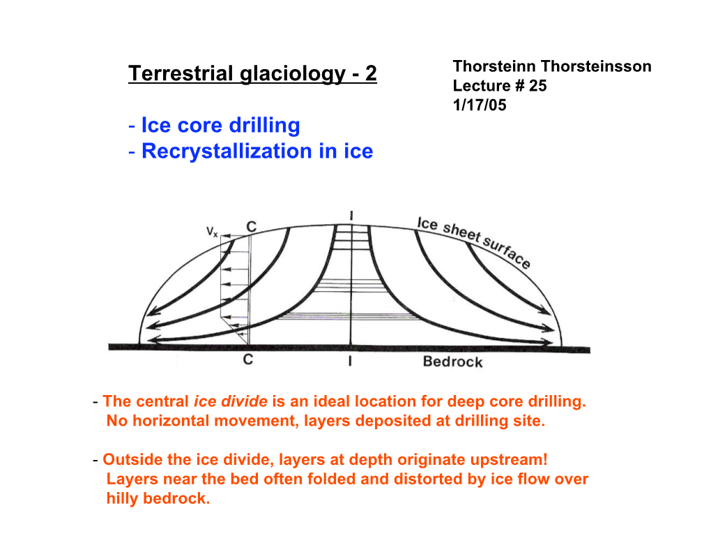 Terrestrial Glaciology - 2 Thorsteinn Thorsteinsson Lecture # 25 1/17/05 - Ice Core Drilling - Recrystallization in Ice