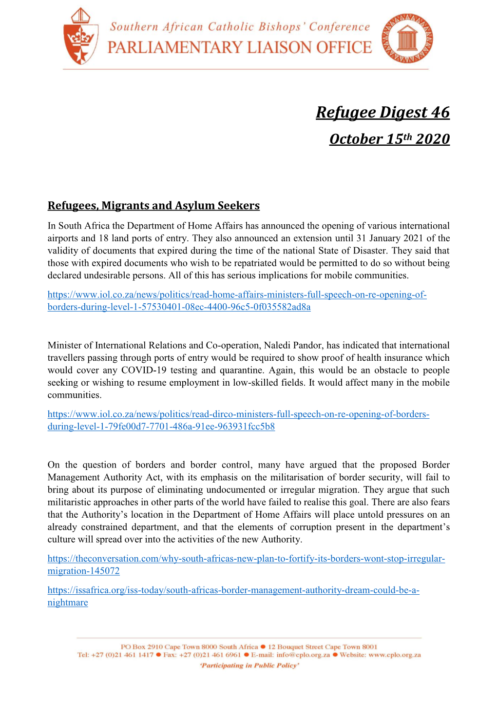 Refugee Digest 46 October 15Th 2020