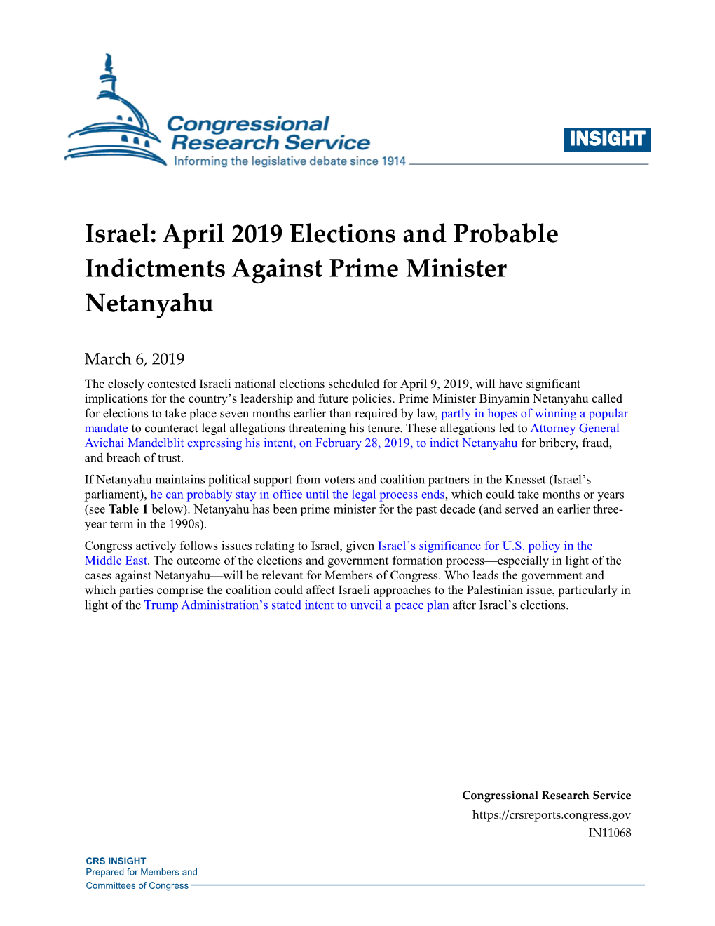 Israel: April 2019 Elections and Probable Indictments Against Prime Minister Netanyahu