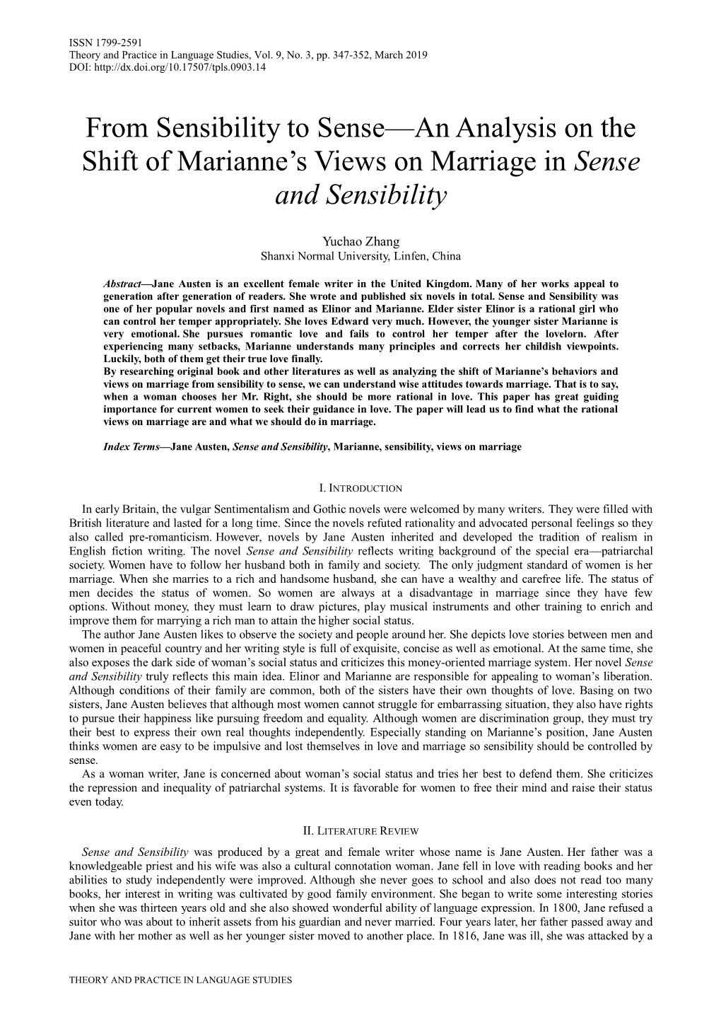 From Sensibility to Sense—An Analysis on the Shift of Marianne's