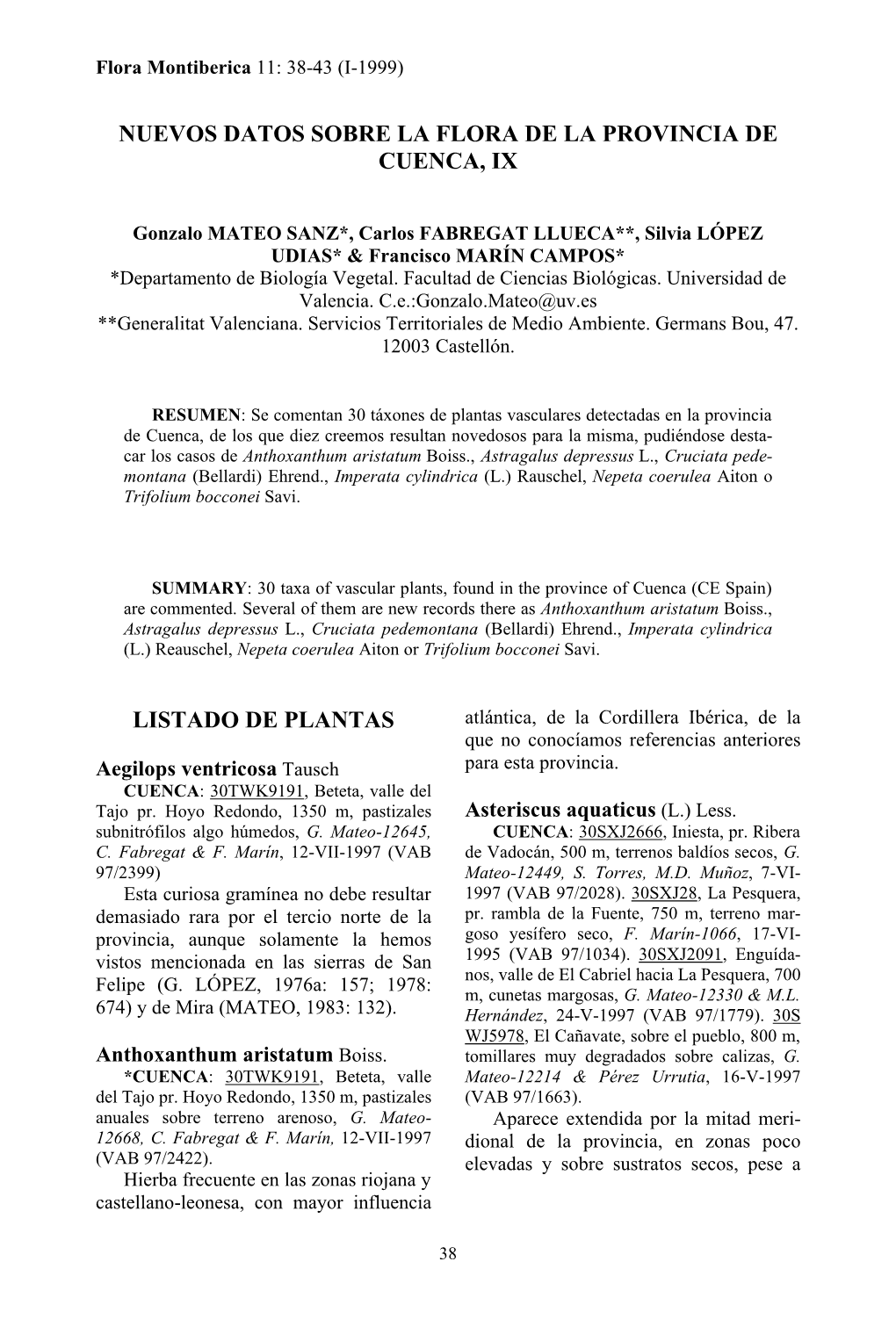 Nuevos Datos Sobre La Flora De La Provincia De Cuenca, Ix