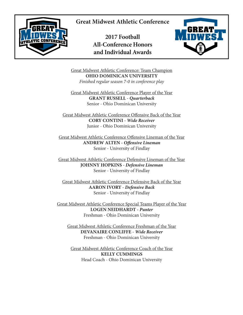 Great Midwest Athletic Conference 2017 Football All-Conference