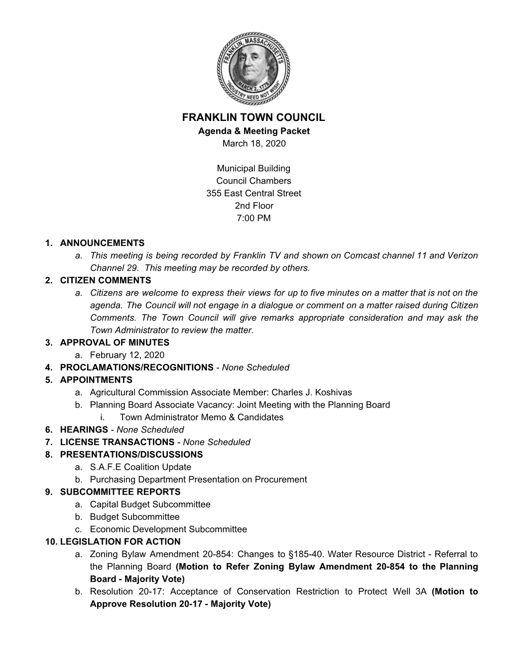 FRANKLIN TOWN COUNCIL Agenda & Meeting Packet March 18, 2020