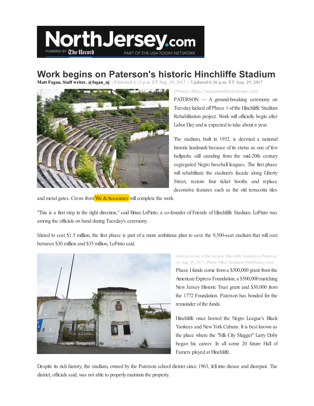 Work Begins on Paterson's Historic Hinchliffe Stadium Matt Fagan, Staff Writer, @Fagan Nj | Published 6:13 P.M