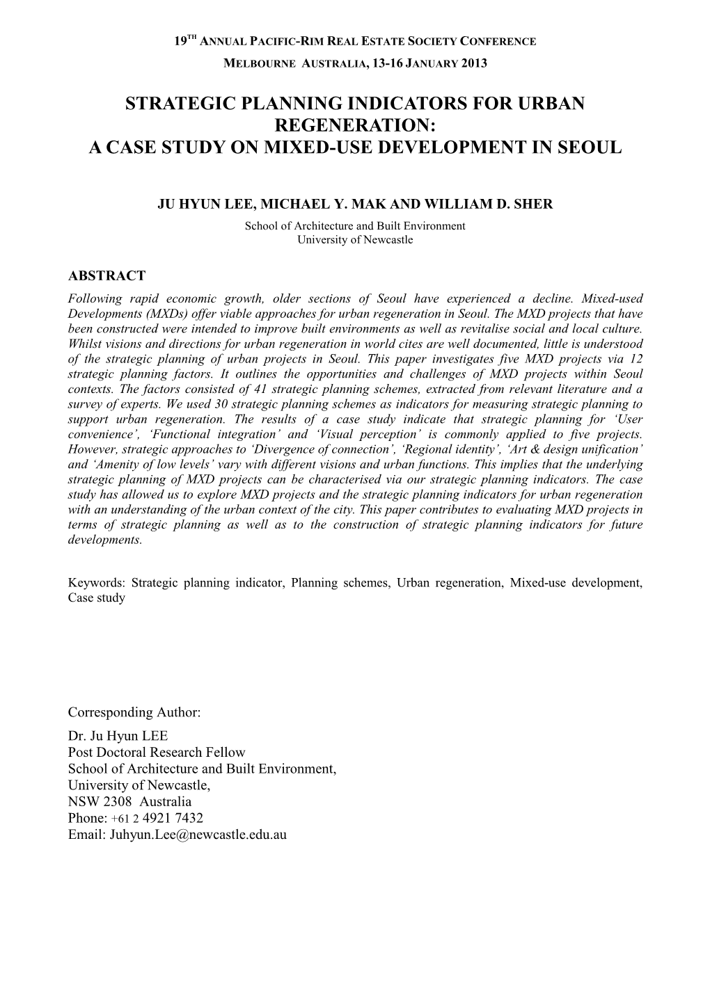 Strategic Planning Indicators for Urban Regeneration: a Case Study on Mixed-Use Development in Seoul