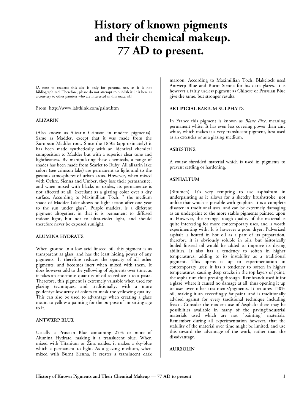 History of Known Pigments and Their Chemical Makeup. 77 AD to Present