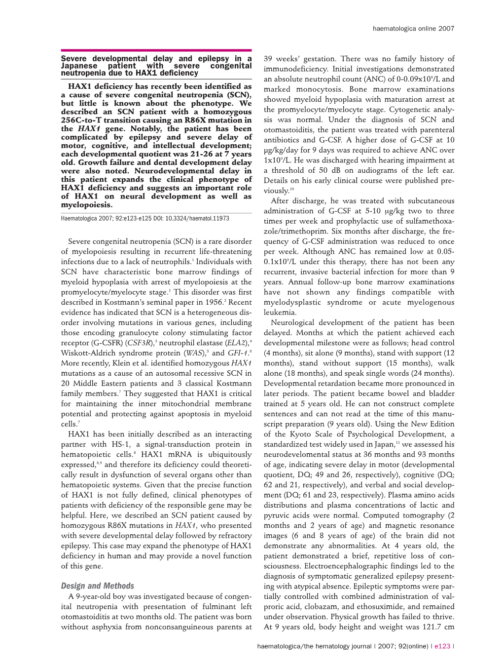 Severe Developmental Delay and Epilepsy in a Japanese Patient with Severe Congenital Neutropenia Due to HAX1 Deficiency