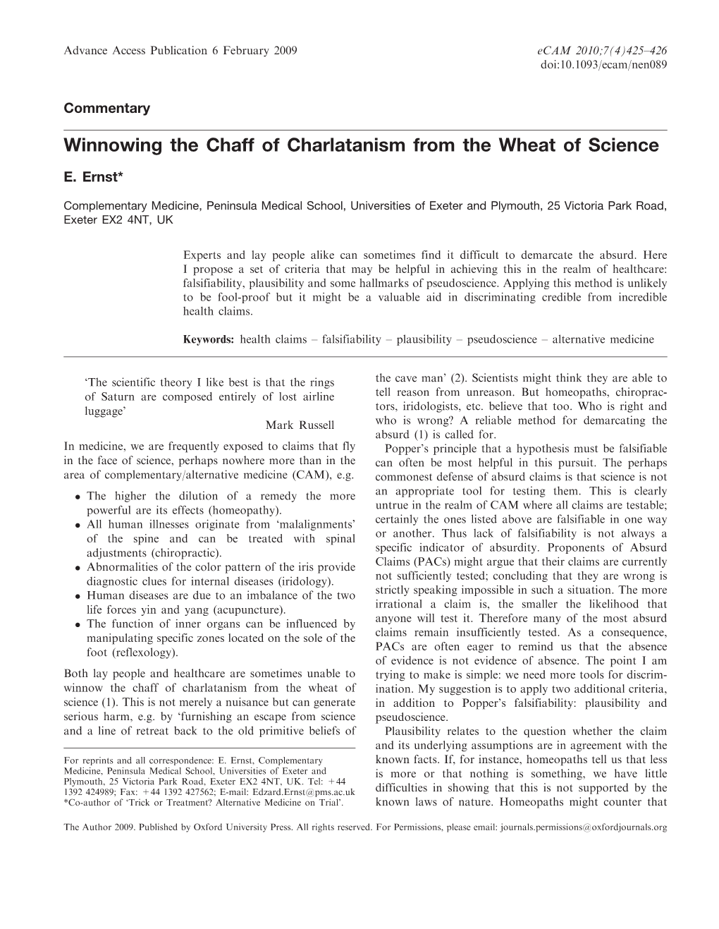 Winnowing the Chaff of Charlatanism from the Wheat of Science