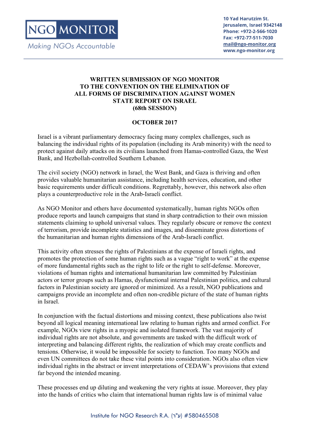 WRITTEN SUBMISSION of NGO MONITOR to the CONVENTION on the ELIMINATION of ALL FORMS of DISCRIMINATION AGAINST WOMEN STATE REPORT on ISRAEL (68Th SESSION)