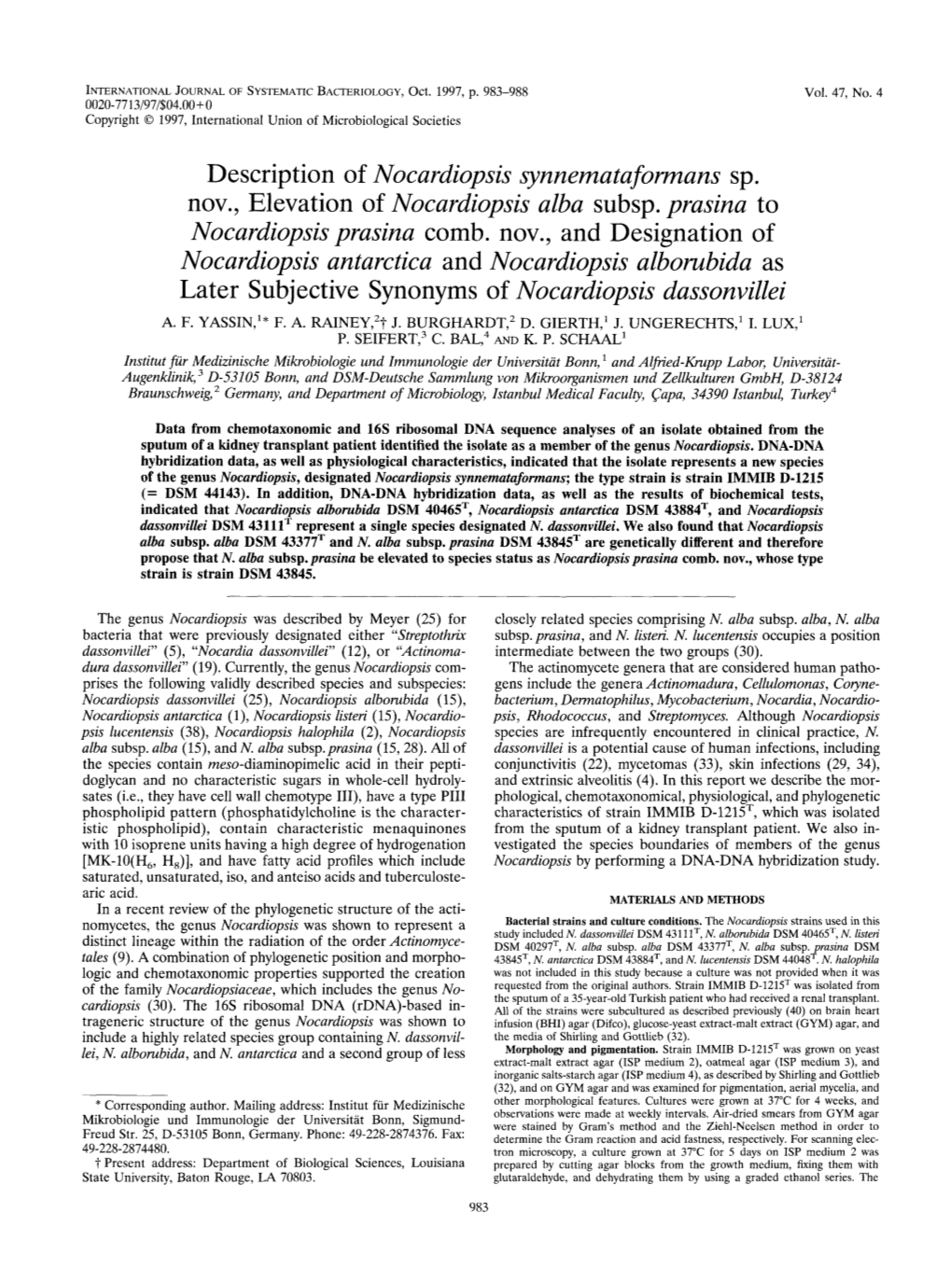 Description of Nocardiopsis Synnematafomans Sp. Nov., Elevation of Nocardiopsis Alba Subsp. Prasina to Nocardiopsis Prasina Comb