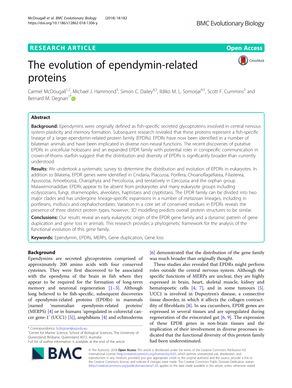 The Evolution of Ependymin-Related Proteins Carmel Mcdougall1,2, Michael J