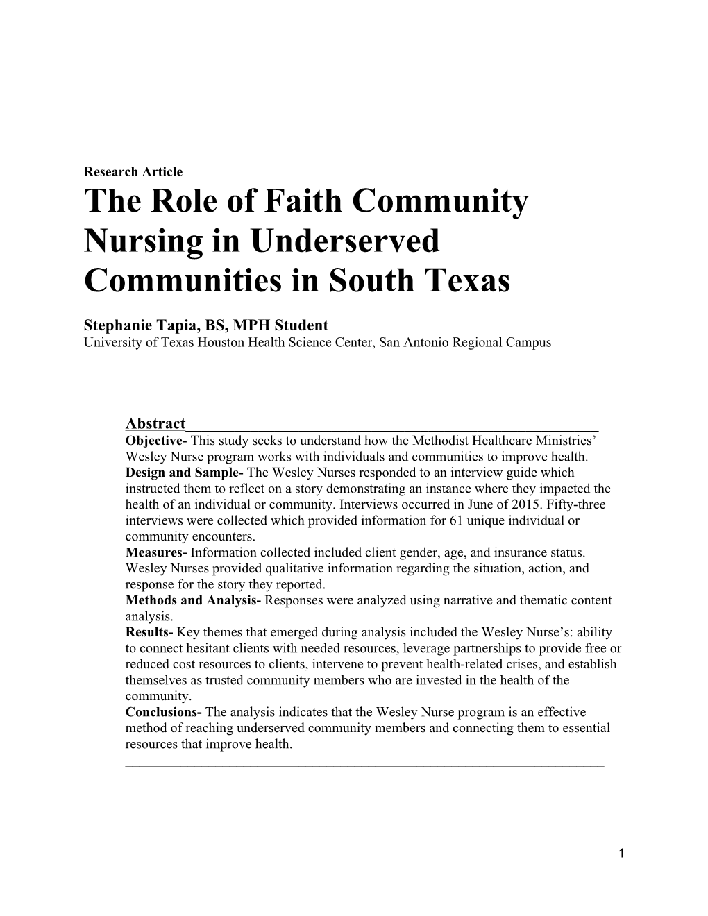 The Role of Faith Community Nursing in Underserved Communities in South Texas